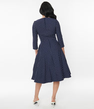 Load image into Gallery viewer, UNIQUE VINTAGE- 3/4 SLEEVE NAVY DOT SWING DRESS
